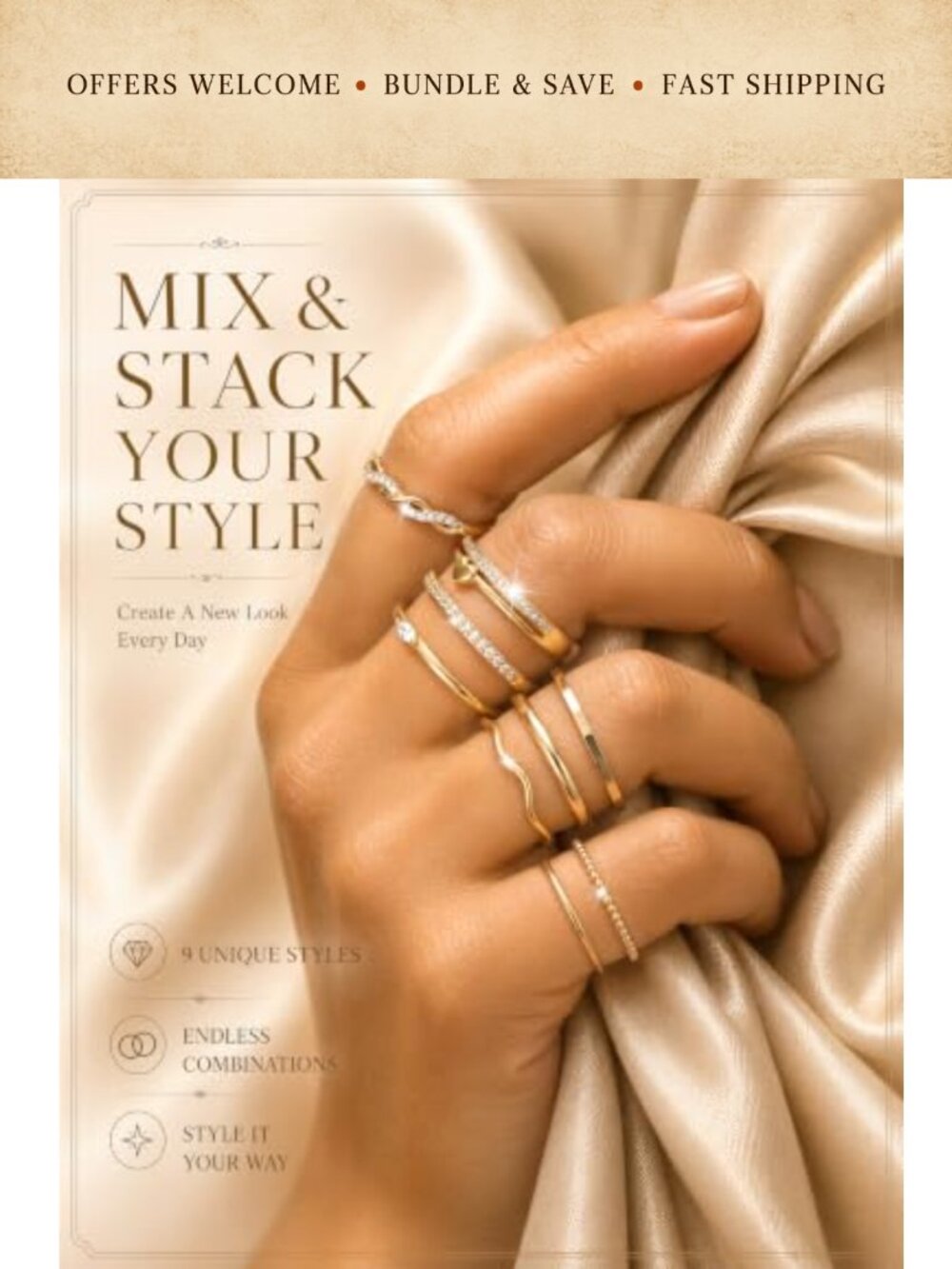 9Pc Stackable Rings Set Adjustable 14K Gold Plated CZ - Picture 2 of 6